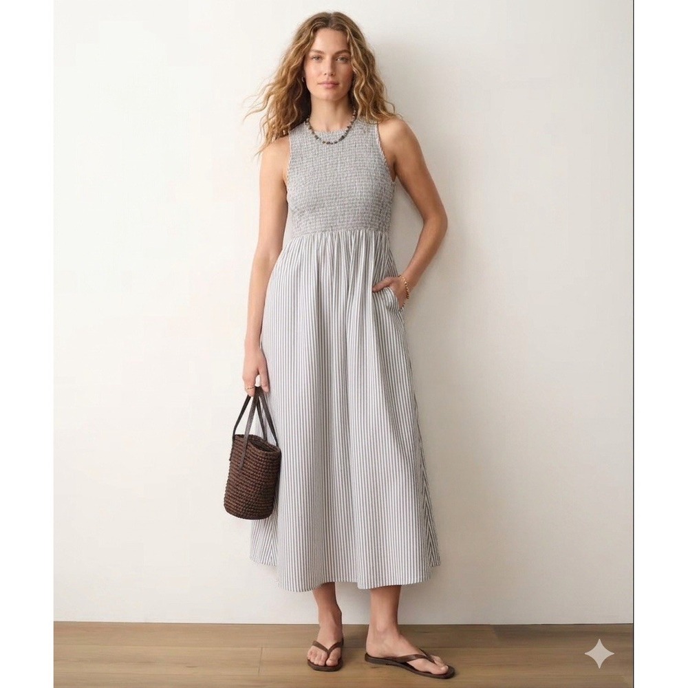 Marine Layer Darcy Smocked Poplin Dress XS Pima Cotton NWOT Navy Stripe